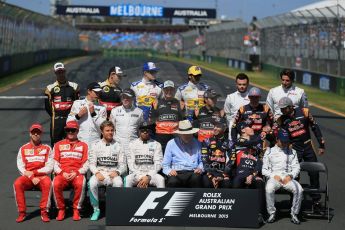 World © Octane Photographic Ltd. Class of 2015 at the start of season. Sunday 15th March 2015, F1 Australian GP Paddock, Melbourne, Albert Park, Australia.
Front row : Scuderia Ferrari – Sebastian Vettel and Kimi Raikkonen; Mercedes AMG Petronas Hybrid – Nico Rosberg and Lewis Hamilton; Rob Walker (Australian Grand Prix Corporation Chairman); Infiniti Red Bull Racing – Daniel Ricciardo and Daniil Kvyat; Williams Martini Racing – Felipe Massa.
Middle row: McLaren Honda - Jenson Button and Kevin Magnussen; Sahara Force India – Nico Hulkenberg and Sergio Perez; Scuderia Toro Rosso – Max Verstappen and Carlos Sainz jnr.
Back Row: Lotus F1 Team – Romain Grosjean and Pastor Maldonado; Sauber F1 Team – Marcus Ericsson and Felipe Nasr; Manor Marussia F1 Team – William Stevens and Roberto Merhi.
Digital Ref: 1208LB1D8798