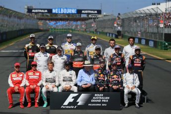 World © Octane Photographic Ltd. Class of 2015 at the start of season. Sunday 15th March 2015, F1 Australian GP Paddock, Melbourne, Albert Park, Australia.
Front row : Scuderia Ferrari – Sebastian Vettel and Kimi Raikkonen; Mercedes AMG Petronas Hybrid – Nico Rosberg and Lewis Hamilton; Rob Walker (Australian Grand Prix Corporation Chairman); Infiniti Red Bull Racing – Daniel Ricciardo and Daniil Kvyat; Williams Martini Racing – Felipe Massa.
Middle row: McLaren Honda - Jenson Button and Kevin Magnussen; Sahara Force India – Nico Hulkenberg and Sergio Perez; Scuderia Toro Rosso – Max Verstappen and Carlos Sainz jnr.
Back Row: Lotus F1 Team – Romain Grosjean and Pastor Maldonado; Sauber F1 Team – Marcus Ericsson and Felipe Nasr; Manor Marussia F1 Team – William Stevens and Roberto Merhi.
Digital Ref: 1208LB1D8814