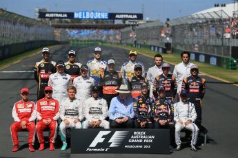 World © Octane Photographic Ltd. Class of 2015 at the start of season. Sunday 15th March 2015, F1 Australian GP Paddock, Melbourne, Albert Park, Australia.
Front row : Scuderia Ferrari – Sebastian Vettel and Kimi Raikkonen; Mercedes AMG Petronas Hybrid – Nico Rosberg and Lewis Hamilton; Rob Walker (Australian Grand Prix Corporation Chairman); Infiniti Red Bull Racing – Daniel Ricciardo and Daniil Kvyat; Williams Martini Racing – Felipe Massa.
Middle row: McLaren Honda - Jenson Button and Kevin Magnussen; Sahara Force India – Nico Hulkenberg and Sergio Perez; Scuderia Toro Rosso – Max Verstappen and Carlos Sainz jnr.
Back Row: Lotus F1 Team – Romain Grosjean and Pastor Maldonado; Sauber F1 Team – Marcus Ericsson and Felipe Nasr; Manor Marussia F1 Team – William Stevens and Roberto Merhi.
Digital Ref: 1208LB1D8821