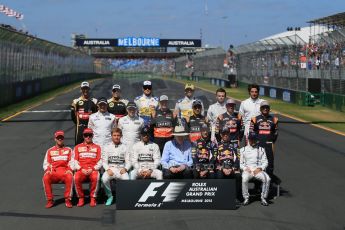 World © Octane Photographic Ltd. Class of 2015 at the start of season. Sunday 15th March 2015, F1 Australian GP Paddock, Melbourne, Albert Park, Australia.
Front row : Scuderia Ferrari – Sebastian Vettel and Kimi Raikkonen; Mercedes AMG Petronas Hybrid – Nico Rosberg and Lewis Hamilton; Rob Walker (Australian Grand Prix Corporation Chairman); Infiniti Red Bull Racing – Daniel Ricciardo and Daniil Kvyat; Williams Martini Racing – Felipe Massa.
Middle row: McLaren Honda - Jenson Button and Kevin Magnussen; Sahara Force India – Nico Hulkenberg and Sergio Perez; Scuderia Toro Rosso – Max Verstappen and Carlos Sainz jnr.
Back Row: Lotus F1 Team – Romain Grosjean and Pastor Maldonado; Sauber F1 Team – Marcus Ericsson and Felipe Nasr; Manor Marussia F1 Team – William Stevens and Roberto Merhi.
Digital Ref: 1208LB1D8852