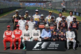 World © Octane Photographic Ltd. Class of 2015 at the start of season. Sunday 15th March 2015, F1 Australian GP Paddock, Melbourne, Albert Park, Australia.
Front row : Scuderia Ferrari – Sebastian Vettel and Kimi Raikkonen; Mercedes AMG Petronas Hybrid – Nico Rosberg and Lewis Hamilton; Rob Walker (Australian Grand Prix Corporation Chairman); Infiniti Red Bull Racing – Daniel Ricciardo and Daniil Kvyat; Williams Martini Racing – Felipe Massa.
Middle row: McLaren Honda - Jenson Button and Kevin Magnussen; Sahara Force India – Nico Hulkenberg and Sergio Perez; Scuderia Toro Rosso – Max Verstappen and Carlos Sainz jnr.
Back Row: Lotus F1 Team – Romain Grosjean and Pastor Maldonado; Sauber F1 Team – Marcus Ericsson and Felipe Nasr; Manor Marussia F1 Team – William Stevens and Roberto Merhi.
Digital Ref: 1208LB1D8856