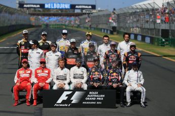 World © Octane Photographic Ltd. Class of 2015 at the start of season. Sunday 15th March 2015, F1 Australian GP Paddock, Melbourne, Albert Park, Australia.
Front row : Scuderia Ferrari – Sebastian Vettel and Kimi Raikkonen; Mercedes AMG Petronas Hybrid – Nico Rosberg and Lewis Hamilton; Infiniti Red Bull Racing – Daniel Ricciardo and Daniil Kvyat; Williams Martini Racing – Felipe Massa.
Middle row: McLaren Honda - Jenson Button and Kevin Magnussen; Sahara Force India – Nico Hulkenberg and Sergio Perez; Scuderia Toro Rosso – Max Verstappen and Carlos Sainz jnr.
Back Row: Lotus F1 Team – Romain Grosjean and Pastor Maldonado; Sauber F1 Team – Marcus Ericsson and Felipe Nasr; Manor Marussia F1 Team – William Stevens and Roberto Merhi.
Digital Ref: 1208LB1D8879