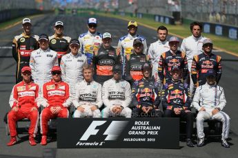 World © Octane Photographic Ltd. Class of 2015 at the start of season. Sunday 15th March 2015, F1 Australian GP Paddock, Melbourne, Albert Park, Australia.
Front row : Scuderia Ferrari – Sebastian Vettel and Kimi Raikkonen; Mercedes AMG Petronas Hybrid – Nico Rosberg and Lewis Hamilton; Infiniti Red Bull Racing – Daniel Ricciardo and Daniil Kvyat; Williams Martini Racing – Felipe Massa.
Middle row: McLaren Honda - Jenson Button and Kevin Magnussen; Sahara Force India – Nico Hulkenberg and Sergio Perez; Scuderia Toro Rosso – Max Verstappen and Carlos Sainz jnr.
Back Row: Lotus F1 Team – Romain Grosjean and Pastor Maldonado; Sauber F1 Team – Marcus Ericsson and Felipe Nasr; Manor Marussia F1 Team – William Stevens and Roberto Merhi.
Digital Ref: 1208LB1D8887