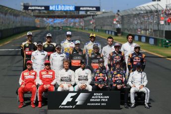 World © Octane Photographic Ltd. Class of 2015 at the start of season. Sunday 15th March 2015, F1 Australian GP Paddock, Melbourne, Albert Park, Australia.
Front row : Scuderia Ferrari – Sebastian Vettel and Kimi Raikkonen; Mercedes AMG Petronas Hybrid – Nico Rosberg and Lewis Hamilton; Infiniti Red Bull Racing – Daniel Ricciardo and Daniil Kvyat; Williams Martini Racing – Felipe Massa.
Middle row: McLaren Honda - Jenson Button and Kevin Magnussen; Sahara Force India – Nico Hulkenberg and Sergio Perez; Scuderia Toro Rosso – Max Verstappen and Carlos Sainz jnr.
Back Row: Lotus F1 Team – Romain Grosjean and Pastor Maldonado; Sauber F1 Team – Marcus Ericsson and Felipe Nasr; Manor Marussia F1 Team – William Stevens and Roberto Merhi.
Digital Ref: 1208LB1D8906