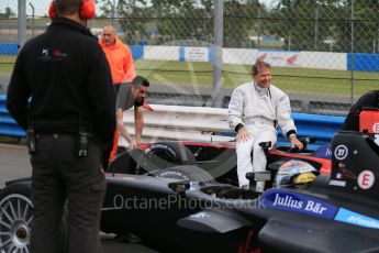 World © Octane Photographic Ltd. FIA Formula E testing – Donington Park 11th August 2015, Venturi VM200-FE-01. Venturi – Jacques Villeneuve stopped on track. Digital Ref : 1367LB1D4701