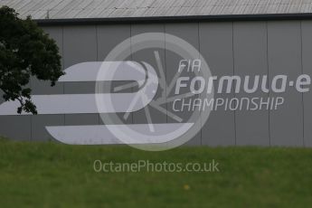 World © Octane Photographic Ltd. FIA Formula E logo on HQ building – Donington Park 11th August 2015. Digital Ref : 1367LB1D4778