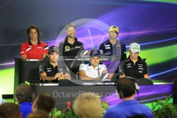 World © Octane Photographic Ltd. FIA Drivers’ Press Conference. Thursday 23rd July 2015, F1 Hungarian GP, Hungaroring, Hungary. Lotus F1 Team – Romain Grosjean, Sahara Force India – Nico Hulkenberg, Williams Martini Racing – Felipe Massa, Manor Marussia F1 Team – Roberto Merhi, Sauber F1 Team – Felipe Nasr and Sahara Force India – Sergio Perez. Digital Ref: 1345LB5D0179