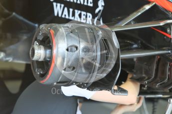 World © Octane Photographic Ltd. McLaren Honda MP4/30 – front brakes. Friday 24th July 2015, F1 Hungarian GP Practice 1, Hungaroring, Hungary. Digital Ref: 1346CB1L4968