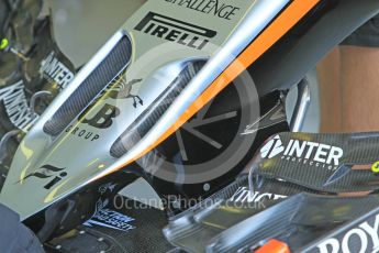 World © Octane Photographic Ltd. Sahara Force India VJM08B – nose holes. Friday 24th July 2015, F1 Hungarian GP Practice 1, Hungaroring, Hungary. Digital Ref: 1346CB1L4984