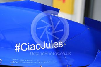 World © Octane Photographic Ltd. Sauber F1 Team C34-Ferrari – engine cover #CiaoJules. Friday 24th July 2015, F1 Hungarian GP Practice 1, Hungaroring, Hungary. Digital Ref: 1346CB1L5035