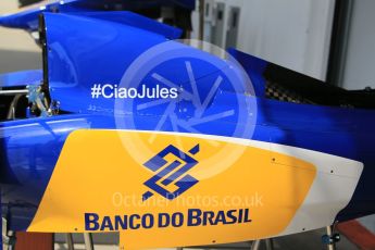 World © Octane Photographic Ltd. Sauber F1 Team C34-Ferrari – engine cover #CiaoJules. Friday 24th July 2015, F1 Hungarian GP Practice 1, Hungaroring, Hungary. Digital Ref: 1346CB1L5044