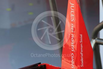 World © Octane Photographic Ltd. Scuderia Ferrari SF15-T rear wing – "Jules - Nei nostri Cuori" (Jules in our hearts). Saturday 25th July 2015, F1 Hungarian GP Practice 3, Hungaroring, Hungary. Digital Ref: 1352LB1D9741