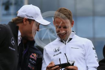 World © Octane Photographic Ltd. McLaren Honda MP4/30 – Jenson Button, Infiniti Red Bull Racing RB11 – Daniel Ricciardo and Mercedes AMG Petronas F1 W06 Hybrid – Nico Rosberg. Sunday 26th July 2015, F1 Hungarian GP Drivers - Parade, Hungaroring, Hungary. Digital Ref: 1359LB1D2251