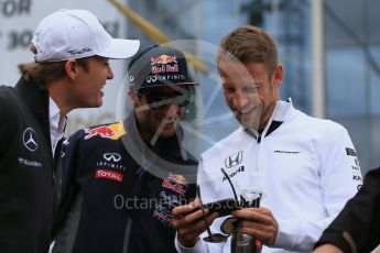 World © Octane Photographic Ltd. McLaren Honda MP4/30 – Jenson Button, Infiniti Red Bull Racing RB11 – Daniel Ricciardo and Mercedes AMG Petronas F1 W06 Hybrid – Nico Rosberg. Sunday 26th July 2015, F1 Hungarian GP - Drivers Parade, Hungaroring, Hungary. Digital Ref: 1359LB1D2255