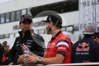 World © Octane Photographic Ltd. Sahara Force India VJM08B – Sergio Perez and Manor Marussia F1 Team MR03B – William Stevens. Sunday 26th July 2015, F1 Hungarian GP - Drivers Parade, Hungaroring, Hungary. Digital Ref: 1359LB1D2266
