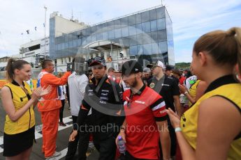 World © Octane Photographic Ltd. Sahara Force India VJM08B – Sergio Perez and Manor Marussia F1 Team MR03B – William Stevens. Sunday 26th July 2015, F1 Hungarian GP - Drivers Parade, Hungaroring, Hungary. Digital Ref: 1359LB5D1926