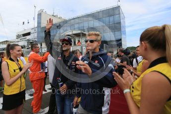 World © Octane Photographic Ltd. Infiniti Red Bull Racing RB11 – Daniel Ricciardo and Sauber F1 Team C34-Ferrari – Marcus Ericsson. Sunday 26th July 2015, F1 Hungarian GP - Drivers Parade, Hungaroring, Hungary. Digital Ref: 1359LB5D1953