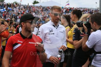 World © Octane Photographic Ltd. Manor Marussia F1 Team MR03B – William Stevens and McLaren Honda MP4/30 - Jenson Button. Sunday 26th July 2015, F1 Hungarian GP - Drivers Parade, Hungaroring, Hungary. Digital Ref: 1359LB5D2036