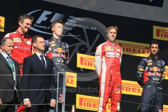 World © Octane Photographic Ltd. Scuderia Ferrari SF15-T– Sebastian Vettel, Infiniti Red Bull Racing RB11 – Daniil Kvyat and Daniel Ricciardo. Sunday 26th July 2015, F1 Hungarian GP Race - Podium, Hungaroring, Hungary. Digital Ref: 1361LB1D2902