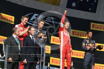 World © Octane Photographic Ltd. Scuderia Ferrari SF15-T– Sebastian Vettel, Infiniti Red Bull Racing RB11 – Daniil Kvyat and Daniel Ricciardo. Sunday 26th July 2015, F1 Hungarian GP Race - Podium, Hungaroring, Hungary. Digital Ref: 1361LB1D2915