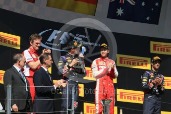 World © Octane Photographic Ltd. Scuderia Ferrari SF15-T– Sebastian Vettel, Infiniti Red Bull Racing RB11 – Daniil Kvyat and Daniel Ricciardo. Sunday 26th July 2015, F1 Hungarian GP Race - Podium, Hungaroring, Hungary. Digital Ref: 1361LB1D3014