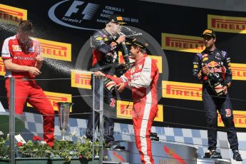 World © Octane Photographic Ltd. Scuderia Ferrari SF15-T– Sebastian Vettel, Infiniti Red Bull Racing RB11 – Daniil Kvyat and Daniel Ricciardo. Sunday 26th July 2015, F1 Hungarian GP Race - Podium, Hungaroring, Hungary. Digital Ref: 1361LB1D3055
