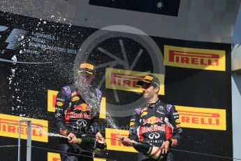 World © Octane Photographic Ltd. Infiniti Red Bull Racing RB11 – Daniil Kvyat and Daniel Ricciardo. Sunday 26th July 2015, F1 Hungarian GP Race - Podium, Hungaroring, Hungary. Digital Ref: 1361LB1D3065