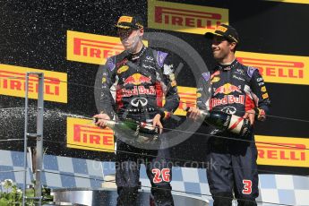 World © Octane Photographic Ltd. Infiniti Red Bull Racing RB11 – Daniil Kvyat and Daniel Ricciardo. Sunday 26th July 2015, F1 Hungarian GP Race - Podium, Hungaroring, Hungary. Digital Ref: 1361LB1D3070