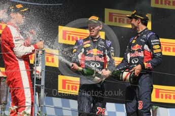 World © Octane Photographic Ltd. Scuderia Ferrari SF15-T– Sebastian Vettel, Infiniti Red Bull Racing RB11 – Daniil Kvyat and Daniel Ricciardo. Sunday 26th July 2015, F1 Hungarian GP Race - Podium, Hungaroring, Hungary. Digital Ref: 1361LB1D3086