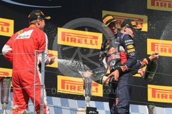 World © Octane Photographic Ltd. Scuderia Ferrari SF15-T– Sebastian Vettel, Infiniti Red Bull Racing RB11 – Daniil Kvyat and Daniel Ricciardo. Sunday 26th July 2015, F1 Hungarian GP Race - Podium, Hungaroring, Hungary. Digital Ref: 1361LB1D3102