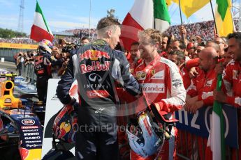 World © Octane Photographic Ltd. Scuderia Ferrari SF15-T– Sebastian Vettel, Infiniti Red Bull Racing RB11 – Daniil Kvyat and Daniel Ricciardo. Sunday 26th July 2015, F1 Hungarian GP Race - Podium, Hungaroring, Hungary. Digital Ref: 1361LB5D2369