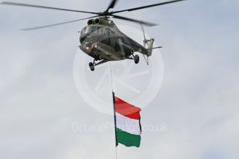 World © Octane Photographic Ltd. Hungarian Mil Mi8 "Hip" helicopter performing the pre-race flyby. Sunday 26th July 2015, F1 Hungarian GP Race, Hungaroring, Hungary. Digital Ref: 1360CB1L7386