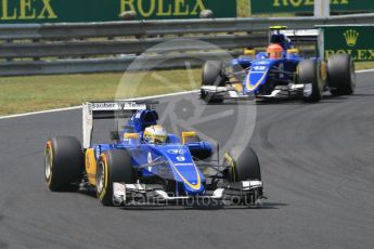 World © Octane Photographic Ltd. Sauber F1 Team C34-Ferrari – Marcus Ericsson and Felipe Nasr. Sunday 26th July 2015, F1 Hungarian GP Race, Hungaroring, Hungary. Digital Ref: 1360CB1L7595