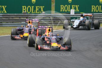 World © Octane Photographic Ltd. Infiniti Red Bull Racing RB11 – Daniil Kvyat and Daniel Ricciardo and Sahara Force India VJM08B – Sergio Perez. Sunday . Sunday 26th July 2015, F1 Hungarian GP Race, Hungaroring, Hungary. Digital Ref: 1360CB1L7712