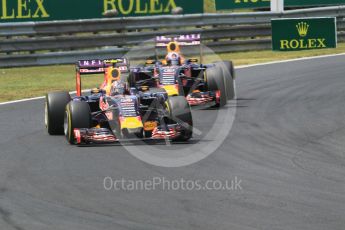 World © Octane Photographic Ltd. Infiniti Red Bull Racing RB11 – Daniil Kvyat and Daniel Ricciardo. Sunday 26th July 2015, F1 Hungarian GP Race, Hungaroring, Hungary. Digital Ref: