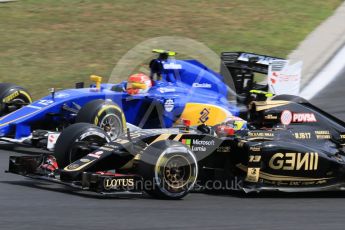World © Octane Photographic Ltd. Lotus F1 Team E23 Hybrid – Pastor Maldonado and Sauber F1 Team C34-Ferrari – Felipe Nasr. Sunday 26th July 2015, F1 Hungarian GP Race, Hungaroring, Hungary. Digital Ref: