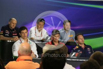 World © Octane Photographic Ltd. FIA Team Personnel Press Conference. Friday 24th July 2015, F1 Hungarian GP, Hungaroring, Hungary. Yasuhisa Arai – Honda Head of Motorsport, Paul Hembrey – Pirelli Motorsport Director, Christian Horner – Infiniti Red Bull Racing Team Principle, Graeme Lowdon - Chief Executive Officer of the Manor Formula One team, Franz Tost – Scuderia Toro Rosso Team Principle and Toto Wolff – Mercedes AMG Petronas Executive Director. Digital Ref: 1351LB5D0712