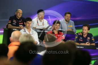 World © Octane Photographic Ltd. FIA Team Personnel Press Conference. Friday 24th July 2015, F1 Hungarian GP, Hungaroring, Hungary. Yasuhisa Arai – Honda Head of Motorsport, Paul Hembrey – Pirelli Motorsport Director, Christian Horner – Infiniti Red Bull Racing Team Principle, Graeme Lowdon - Chief Executive Officer of the Manor Formula One team, Franz Tost – Scuderia Toro Rosso Team Principle and Toto Wolff – Mercedes AMG Petronas Executive Director. Digital Ref: 1351LB5D0721