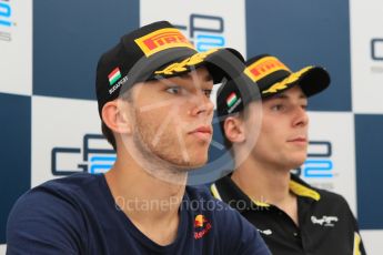 World © Octane Photographic Ltd. Saturday 25th July 2015. DAMS – Alex Lynn (1st), and Pierre Gasly (2nd) - Sirotkin had withdrawn from the conference at this point. GP2 Race 1 – Hungaroring, Hungary. Digital Ref. : 1354CB1L6877