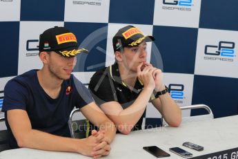 World © Octane Photographic Ltd. Saturday 25th July 2015. DAMS – Alex Lynn (1st), and Pierre Gasly (2nd) - Sirotkin had withdrawn from the conference at this point. GP2 Race 1 – Hungaroring, Hungary. Digital Ref. : 1354CB1L6886