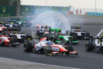 World © Octane Photographic Ltd. Saturday 25th July 2015. Close fighting into turn 3. GP2 Race 1 – Hungaroring, Hungary. Digital Ref. : 1354CB7D8806