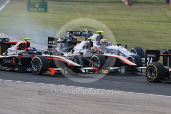 World © Octane Photographic Ltd. Saturday 25th July 2015. Close fighting into turn 3. GP2 Race 1 – Hungaroring, Hungary. Digital Ref. : 1354CB7D8817