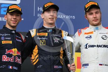 World © Octane Photographic Ltd. Saturday 25th July 2015. DAMS – Alex Lynn (1st), and Pierre Gasly (2nd) and Rapax – Sergey Sirotkin (provisional 3rd). GP2 Race 1 podium – Hungaroring, Hungary. Digital Ref. : 1354CB7D8998