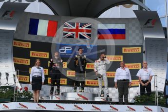 World © Octane Photographic Ltd. Saturday 25th July 2015. DAMS – Alex Lynn (1st), and Pierre Gasly (2nd) and Rapax – Sergey Sirotkin (provisional 3rd). GP2 Race 1 podium – Hungaroring, Hungary. Digital Ref. : 1354LB1D1562