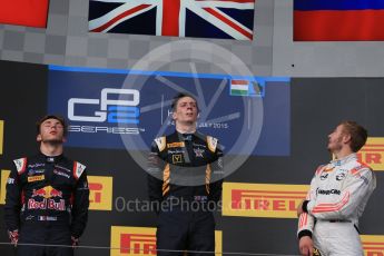 World © Octane Photographic Ltd. Saturday 25th July 2015. DAMS – Alex Lynn (1st), and Pierre Gasly (2nd) and Rapax – Sergey Sirotkin (provisional 3rd). GP2 Race 1 podium – Hungaroring, Hungary. Digital Ref. : 1354LB1D1570