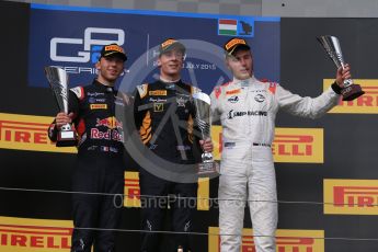 World © Octane Photographic Ltd. Saturday 25th July 2015. DAMS – Alex Lynn (1st), and Pierre Gasly (2nd) and Rapax – Sergey Sirotkin (provisional 3rd). GP2 Race 1 podium – Hungaroring, Hungary. Digital Ref. : 1354LB1D1609