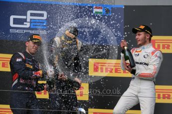 World © Octane Photographic Ltd. Saturday 25th July 2015. DAMS – Alex Lynn (1st), and Pierre Gasly (2nd) and Rapax – Sergey Sirotkin (provisional 3rd). GP2 Race 1 podium – Hungaroring, Hungary. Digital Ref. : 1354LB1D1623