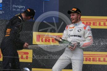 World © Octane Photographic Ltd. Saturday 25th July 2015. DAMS – Alex Lynn (1st) and Rapax – Sergey Sirotkin (provisional 3rd). GP2 Race 1 podium – Hungaroring, Hungary. Digital Ref. : 1354LB1D1642