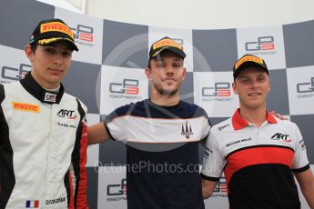 World © Octane Photographic Ltd. Saturday 25th July 2015. Trident – Luca Ghiotto (1st), ART Grand Prix – Esteban Ocon (2nd) and Marvin Kirchhofer (3rd). GP3 Race 1 Podium – Hungaroring, Hungary. Digital Ref. :