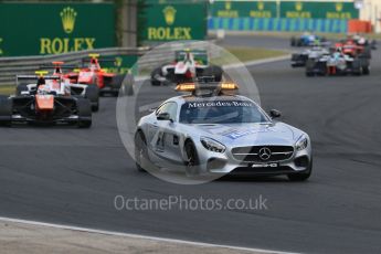 World © Octane Photographic Ltd. Saturday 25th July 2015. The Mercedes AMG GTs safety car leads Trident – Luca Ghiotto, ART Grand Prix – Esteban Ocon and Arden International – Emil Bernstorff. GP3 Race 1 – Hungaroring, Hungary. Digital Ref. :